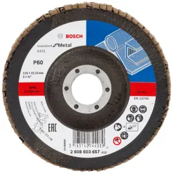 Диск Bosch ламелен от шкурка за шлайфане на метал 125x22.23 мм, P60, конусен, Standard for Metal Диск Bosch ламелен от шкурка за шлайфане на метал 125x22.23 мм, P60, конусен, Standard for Metal