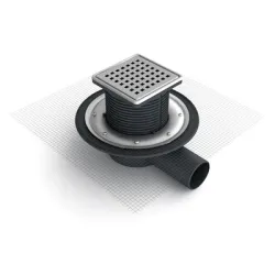 Сифон Akvo подов със странично оттичане пластмасов, с воден затвор, клапа и армираща мрежа 100х100 мм, ф 50 мм, квадратна решетка