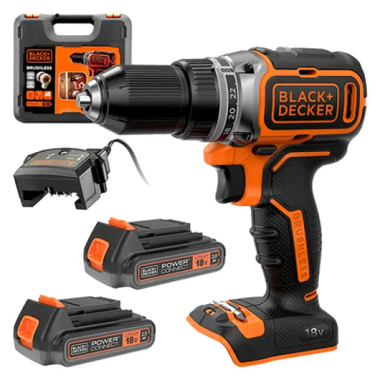 Акумулаторен винтоверт Black & Decker с безчетков двигател   с 2 батерии и зарядно, 18 V, 2 Ah, 52 Nm, 13 мм BL186K1B2