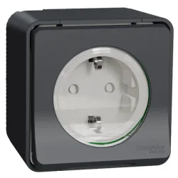 Контакт Schneider Electric електрически единичен противовлажен с капак открит монтаж, 16 A, 2P+E с капаци, 55 IP, антрацит, Mureva Styl Контакт Schneider Electric електрически единичен противовлажен с капак открит монтаж, 16 A, 2P+E с капаци, 55 IP, антрацит, Mureva Styl