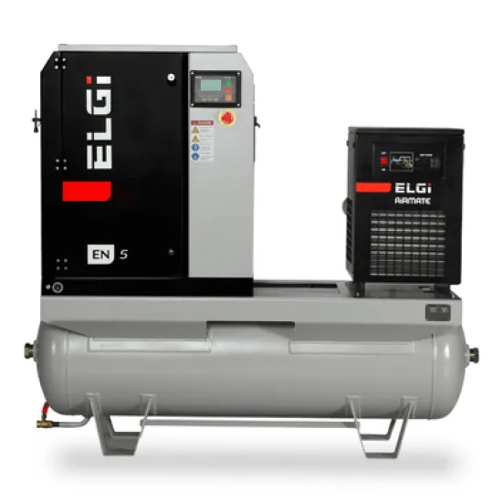 Компресор ELGi винтов с ресивър, изсушител и ремъчна предавка 9.5 bar, 650 л/мин, 7.5 к.с., EN 5