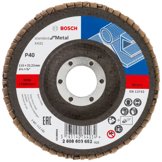 Диск Bosch ламелен от шкурка за шлайфане на метал 115x22.23 мм, P40, конусен, Standard for Metal X431