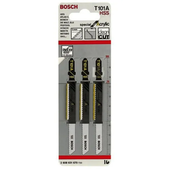 Нож Bosch за прободен трион - зеге за пластмаса 75/100 мм, 3 бр., T-захват, праволинейно, 12.7 TPI, T 101 A Нож Bosch за прободен трион - зеге за пластмаса 75/100 мм, 3 бр., T-захват, праволинейно, 12.7 TPI, T 101 A