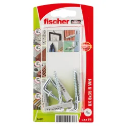 Дюбел Fischer пластмасов многоцелеви комплект с Г-образна кука, 4 бр./блистер ф 6x35 мм, UX R WH K NV Дюбел Fischer пластмасов многоцелеви комплект с Г-образна кука, 4 бр./блистер ф 6x35 мм, UX R WH K NV