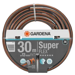 Градински маркуч за поливане Gardena PVC 2-слоен армиран 13 мм, 35 bar, 30 м, черно/оранжево, Premium SuperFLEX Градински маркуч за поливане Gardena PVC 2-слоен армиран 13 мм, 35 bar, 30 м, черно/оранжево, Premium SuperFLEX