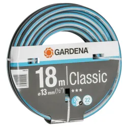 Градински маркуч за поливане Gardena PVC 2-слоен армиран 13 мм, 22 bar, 18 м, черно/сиво Classic Градински маркуч за поливане Gardena PVC 2-слоен армиран 13 мм, 22 bar, 18 м, черно/сиво Classic