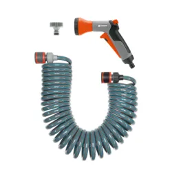 Маркуч Gardena градински за поливане спирален, с фитинги и пистолет 9 мм, нагнетателен, PVC, 10 м, сив