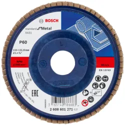 Диск Bosch ламелен от шкурка за шлайфане на метал 115x22.23 мм, P60, прав, Standard for Metal X431 Диск Bosch ламелен от шкурка за шлайфане на метал 115x22.23 мм, P60, прав, Standard for Metal X431