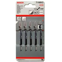 Нож Bosch за прободен трион - зеге за дърво, шперплат, талашит, фазер 58/83 мм, 5 бр., T-захват, криволинейно, 12.7 TPI, T 119 BO Нож Bosch за прободен трион - зеге за дърво, шперплат, талашит, фазер 58/83 мм, 5 бр., T-захват, криволинейно, 12.7 TPI, T 119 BO