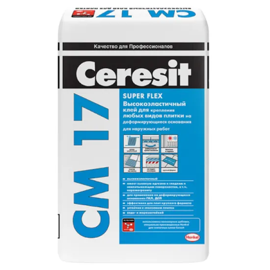 Лепило Henkel циментово за плочки супер гъвкаво 25 кг, сиво, Ceresit CM 17 Super Flex