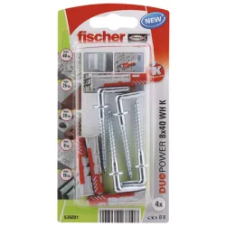 Дюбел Fischer пластмасов многоцелеви комплект с Г-образна кука, 4 бр./блистер ф 8x40 мм, DuoPower WH K NV Дюбел Fischer пластмасов многоцелеви комплект с Г-образна кука, 4 бр./блистер ф 8x40 мм, DuoPower WH K NV