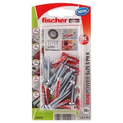 Дюбел Fischer пластмасов многоцелеви комплект с винт PZ, 18 бр./блистер ф 5x25 мм, Duopower S PH K NV