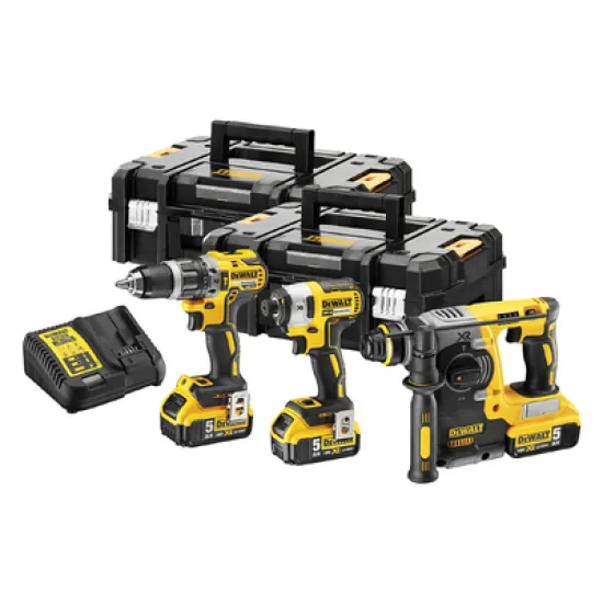 Комплект DeWALT акумулаторни инструменти  с 3 батерии и зарядно, DCD796, DCH273, DCF887, 18 V, 5 Ah, DCK368P3T