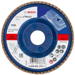 Диск Bosch ламелен от шкурка за шлайфане на метал 115x22.23 мм, P40, прав, Standard for Metal X431 Диск Bosch ламелен от шкурка за шлайфане на метал 115x22.23 мм, P40, прав, Standard for Metal X431