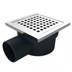 Сифон Akvo подов със странично оттичане пластмасов, с воден затвор и клапа 114х114 мм, ф 50 мм, квадратна решетка