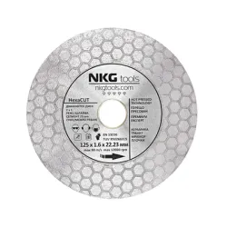 Диск диамантен за шлайфане NKG и рязане на керамика, гранит и мрамор 125 мм, 22.23 мм, 1.6 мм, HexaCUT Диск диамантен за шлайфане NKG и рязане на керамика, гранит и мрамор 125 мм, 22.23 мм, 1.6 мм, HexaCUT