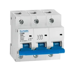Прекъсвач Elmark автоматичен триполюсен за DIN шина 100 A, 400 V, 10 kA, крива C, 3P, C63N/100A Прекъсвач Elmark автоматичен триполюсен за DIN шина 100 A, 400 V, 10 kA, крива C, 3P, C63N/100A