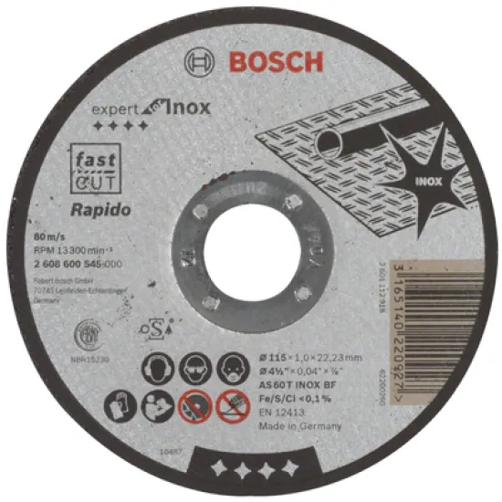 Диск Bosch карбофлексен за рязане на неръждаема стомана 115х22.23х2 мм, AS 60 T INOX BF, Expert for Inox - Rapido