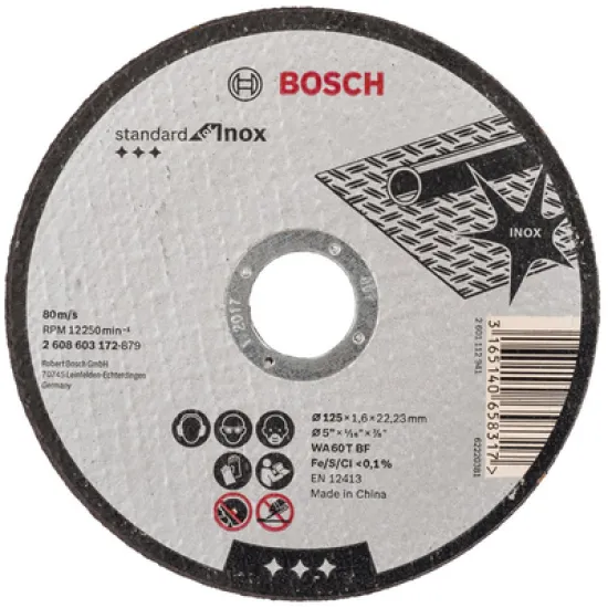 Диск Bosch карбофлексен за рязане на неръждаема стомана 125х22.23х1.6 мм, WA 60 T BF, прав, Standard for Inox