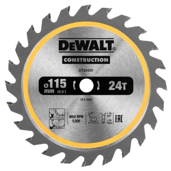 Диск DeWALT метален HM за рязане на дърво 115x9.5x1.5 мм, 24 z, Construction