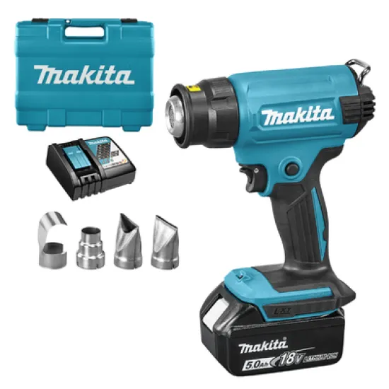 Пистолет за горещ въздух Makita акумулаторен  с 1 батерия и зарядно, 18 V, 5 Ah, 200 л/мин, 550 °C, DHG180RT