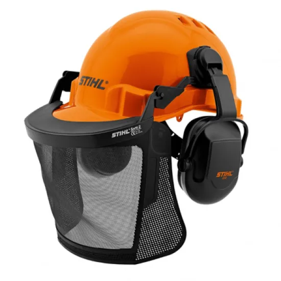 Каска STIHL противоударна с антифони и найлонова защитна мрежа 27 dB, оранжева, Function Basic