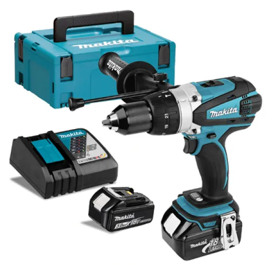 Бормашина винтоверт Makita акумулаторна ударна 18 V, 3 Ah, 91 Nm, 1.5-13 мм, DHP458RFJ