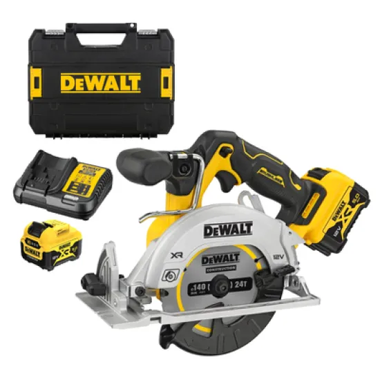 Акумулаторен ръчен циркуляр DeWALT  с 2 батерии и зарядно, 12 V, 5 Ah, ф 140 мм, 3600 об./мин, 50 °, DCS512P2