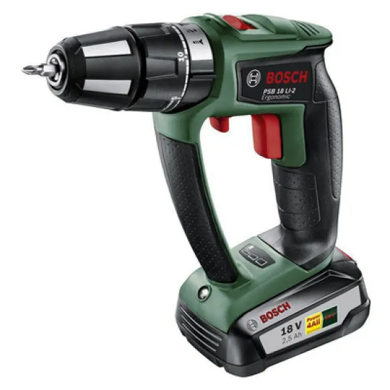 Бормашина винтоверт Bosch акумулаторна ударна 18 V, 2.5 Ah, 32 Nm, 1.5-13 мм, PSB 18 LI-2 Ergonomic