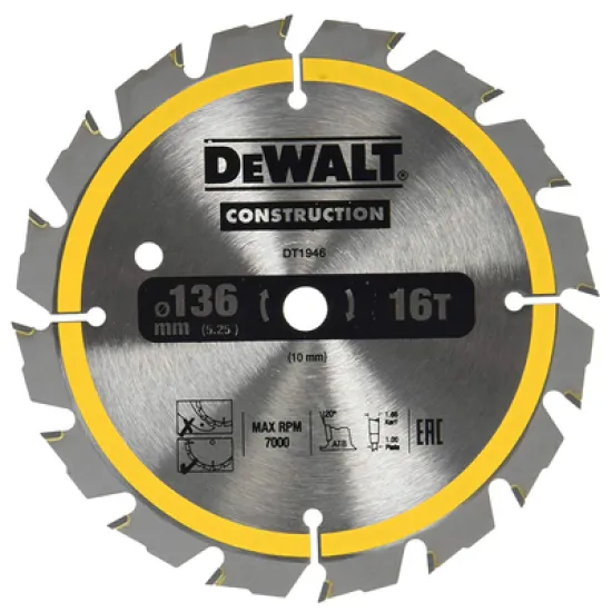 Диск DeWALT метален HM за рязане на дърво 136x10x1.5 мм, 16 z, Construction