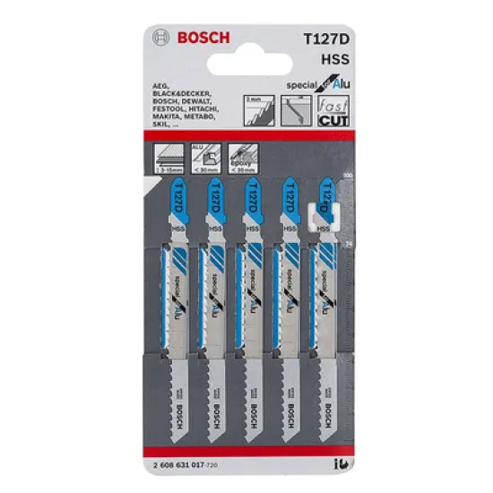 Нож Bosch за прободен трион - зеге за ламарина и алуминий 74/100 мм, 5 бр., T-захват, праволинейно, 8.5 TPI, T 127 D