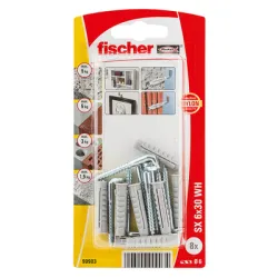 Дюбел Fischer пластмасов многоцелеви комплект с Г-образна кука, 8 бр./блистер ф 6x30 мм, SX WH K NV Дюбел Fischer пластмасов многоцелеви комплект с Г-образна кука, 8 бр./блистер ф 6x30 мм, SX WH K NV