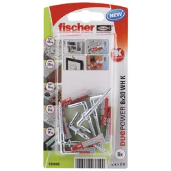 Дюбел Fischer пластмасов многоцелеви комплект с Г-образна кука, 6 бр./блистер ф 6x30 мм, DuoPower WH K NV Дюбел Fischer пластмасов многоцелеви комплект с Г-образна кука, 6 бр./блистер ф 6x30 мм, DuoPower WH K NV