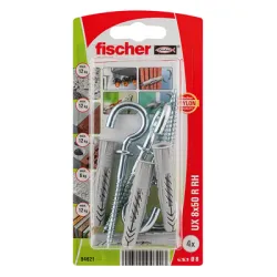Дюбел Fischer пластмасов многоцелеви комплект с отворена кука, 4 бр./блистер ф 8x50 мм, UX R H Дюбел Fischer пластмасов многоцелеви комплект с отворена кука, 4 бр./блистер ф 8x50 мм, UX R H