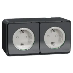 Контакт Schneider Electric електрически двоен противовлажен открит монтаж, 16 A, 55 IP, сив, Mureva Styl Контакт Schneider Electric електрически двоен противовлажен открит монтаж, 16 A, 55 IP, сив, Mureva Styl