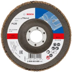 Диск Bosch ламелен от шкурка за шлайфане на метал 125x22.23 мм, P120, конусен, Standard for Metal Диск Bosch ламелен от шкурка за шлайфане на метал 125x22.23 мм, P120, конусен, Standard for Metal
