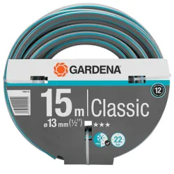Маркуч Gardena градински за поливане двуслоен, с PES армировка 13 мм, нагнетателен, 22 bar, PVC, 15 м, черно/синьо, Classic Маркуч Gardena градински за поливане двуслоен, с PES армировка 13 мм, нагнетателен, 22 bar, PVC, 15 м, черно/синьо, Classic