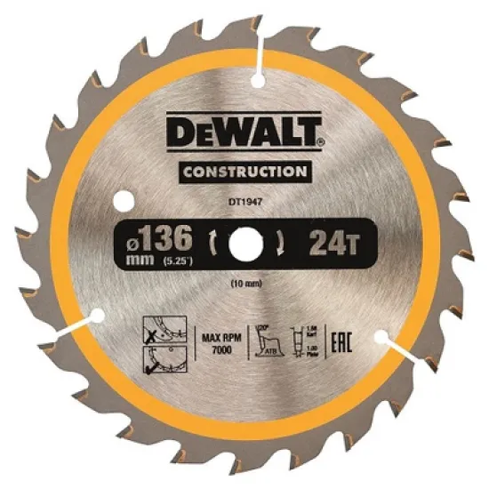 Диск DeWALT метален HM за рязане на дърво 136x10x1.5 мм, 24 z, Construction