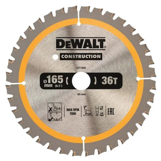 Диск циркулярен за рязане DeWALT на дърво грубо с HM пластини   165 мм, 20 мм, 36 z Construction