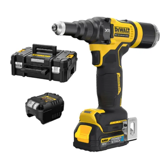 Нитачка за поп-нитове DeWALT акумулаторна  с 1 батерия и зарядно, 18 V, 1.7 Ah, 10 kN, 2.4-4.8 мм, DCF403E1GT