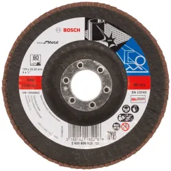 Диск Bosch ламелен от шкурка за шлайфане на метал и неръждаема стомана 125х22.23 мм, P60, конусен, Best for Metal X571 Диск Bosch ламелен от шкурка за шлайфане на метал и неръждаема стомана 125х22.23 мм, P60, конусен, Best for Metal X571