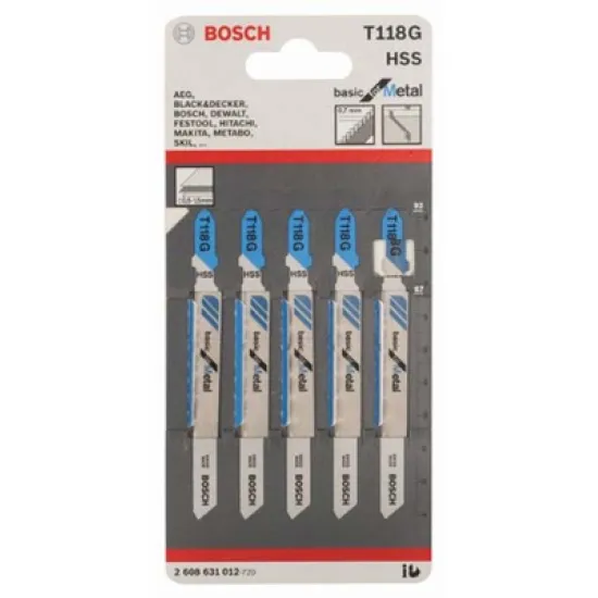 Нож Bosch за прободен трион - зеге за тънка ламарина 67/92 мм, 5 бр., T-захват, праволинейно, 36 TPI, T 118 G Нож Bosch за прободен трион - зеге за тънка ламарина 67/92 мм, 5 бр., T-захват, праволинейно, 36 TPI, T 118 G